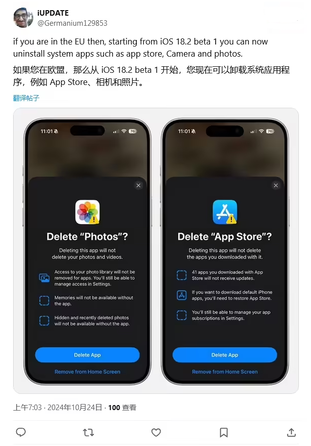 乐东苹果手机维修分享iOS 18.2 支持删除 App Store 应用商店 