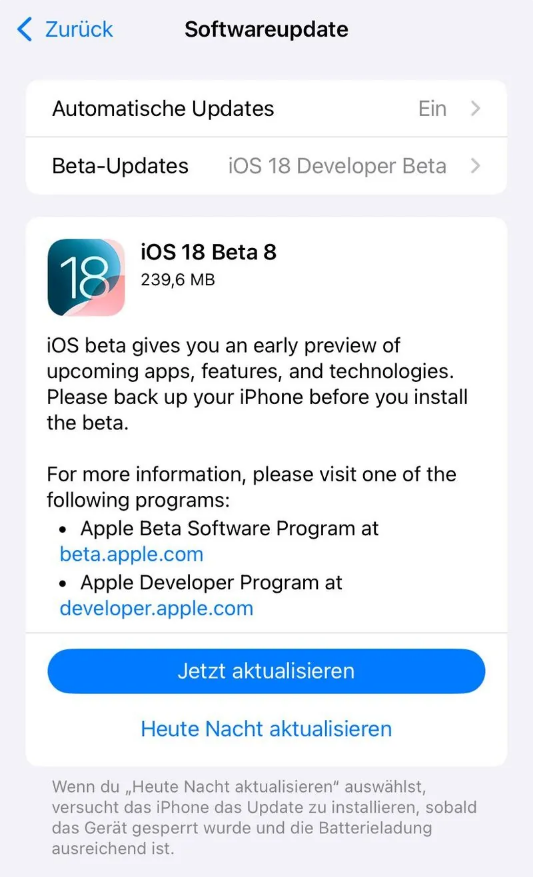 乐东苹果手机维修分享苹果 iOS / iPadOS 18 开发者预览版 Beta 8 发布 